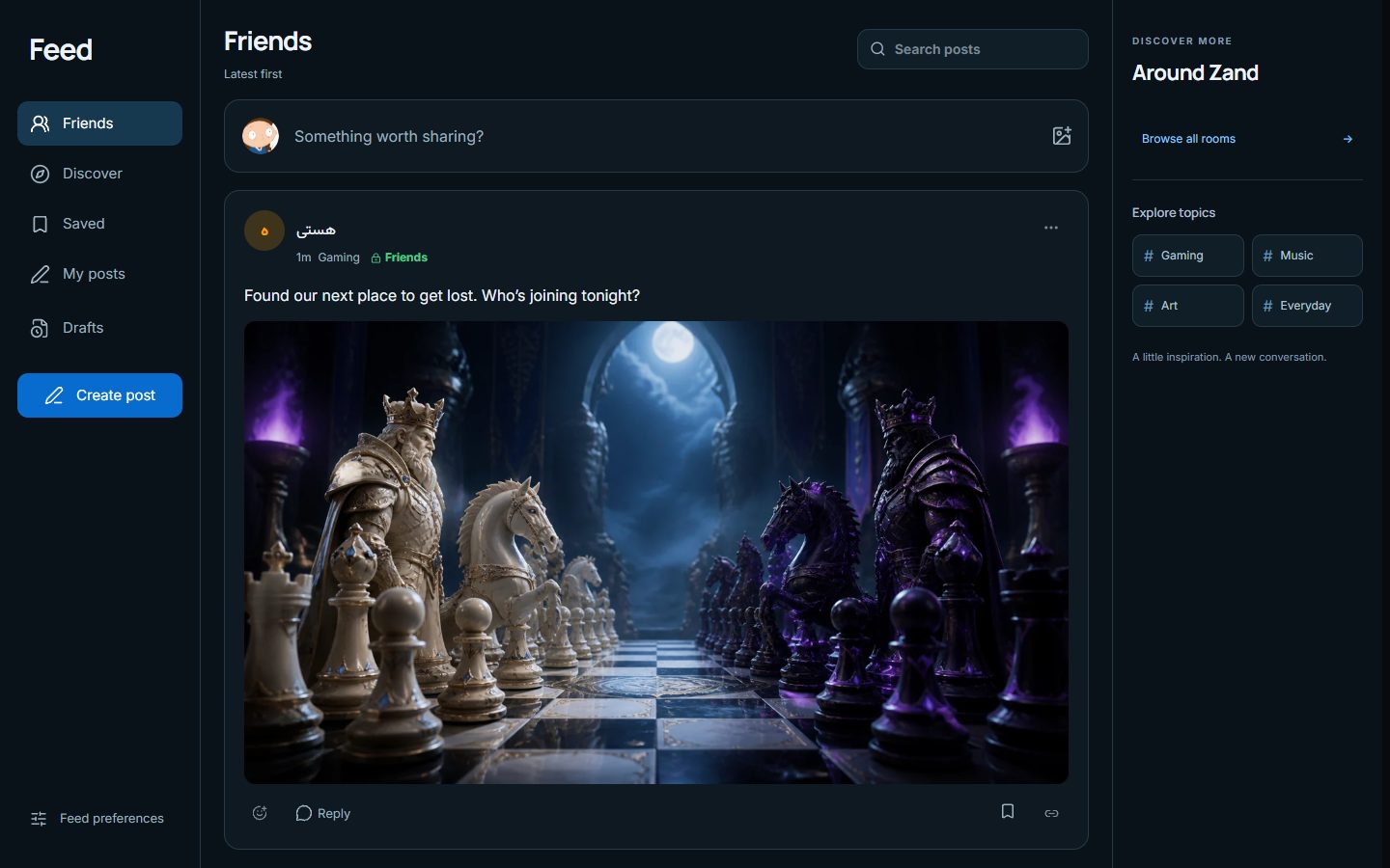 Current Zand Feed with a post by a fictional member