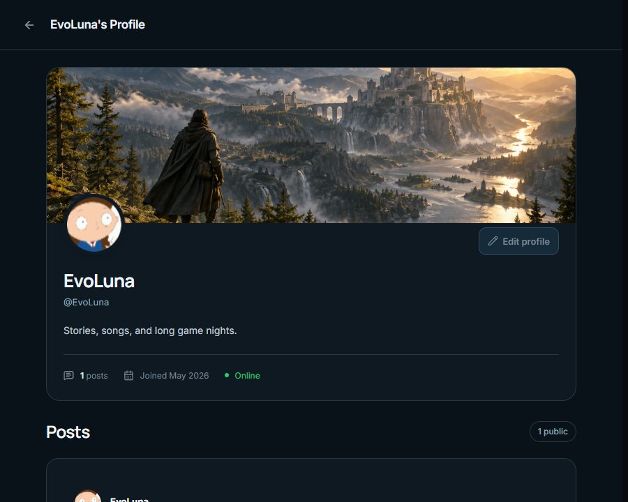 Current Zand profile page with EvoLuna and a sample post